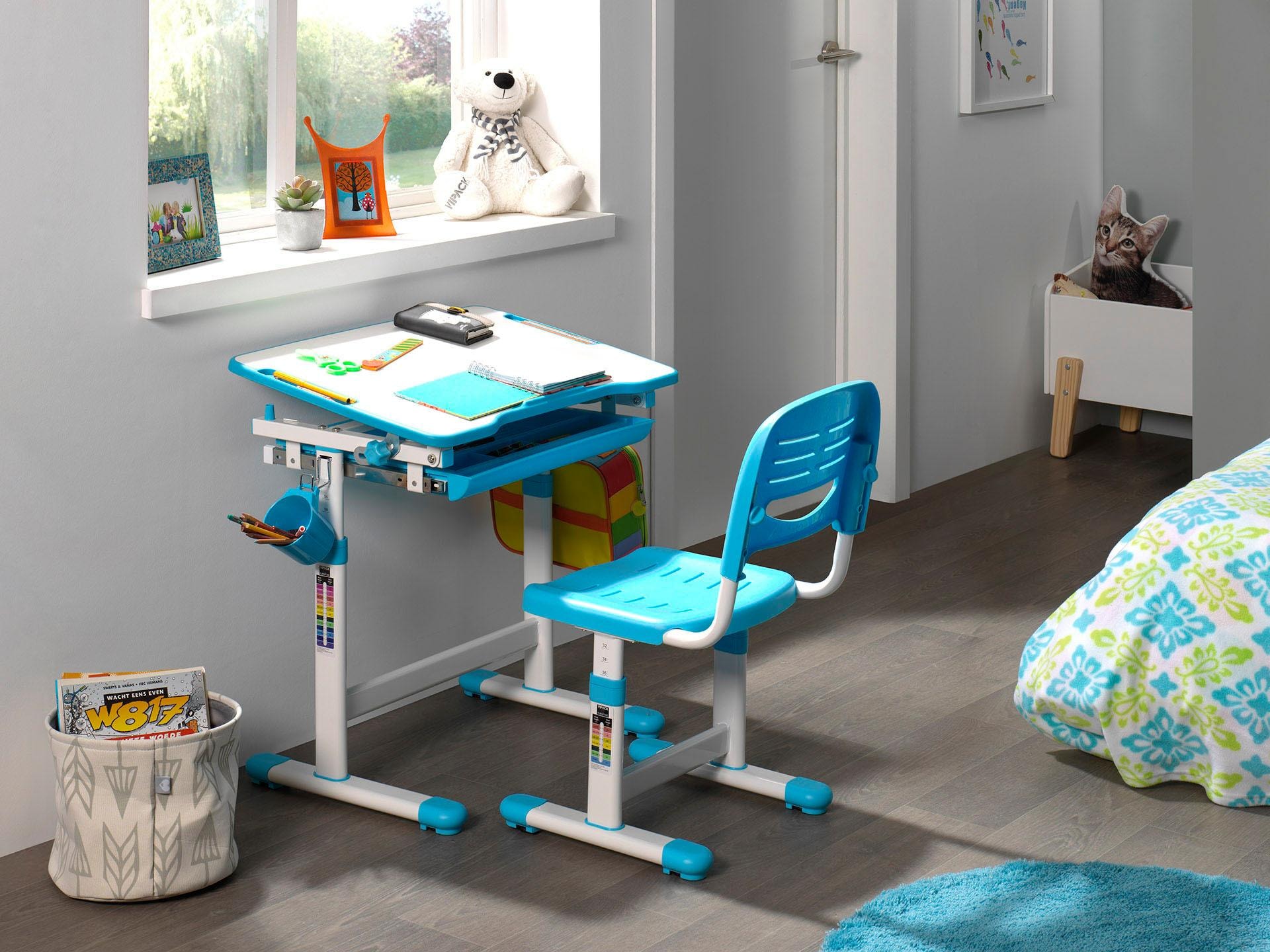 Vipack Kinderschreibtisch »Comfortline, mit Höhenverstellung inkl. Taschen- u. Becherhalter« Set, B/H/T ca. 70x54-76x47,4cm, verschiedene Farben, mit Griffelschublade,  inkl. Stuhl und verstellbarer Schreibplatte, praktische Funktionen