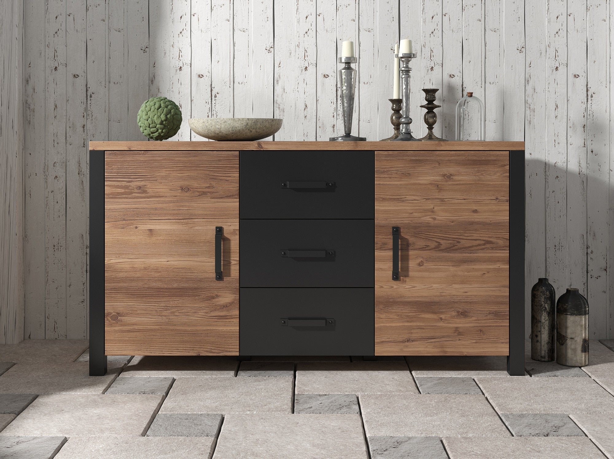 Olivia - Dressoir - Zwart/eiken - 147x43x79 cm