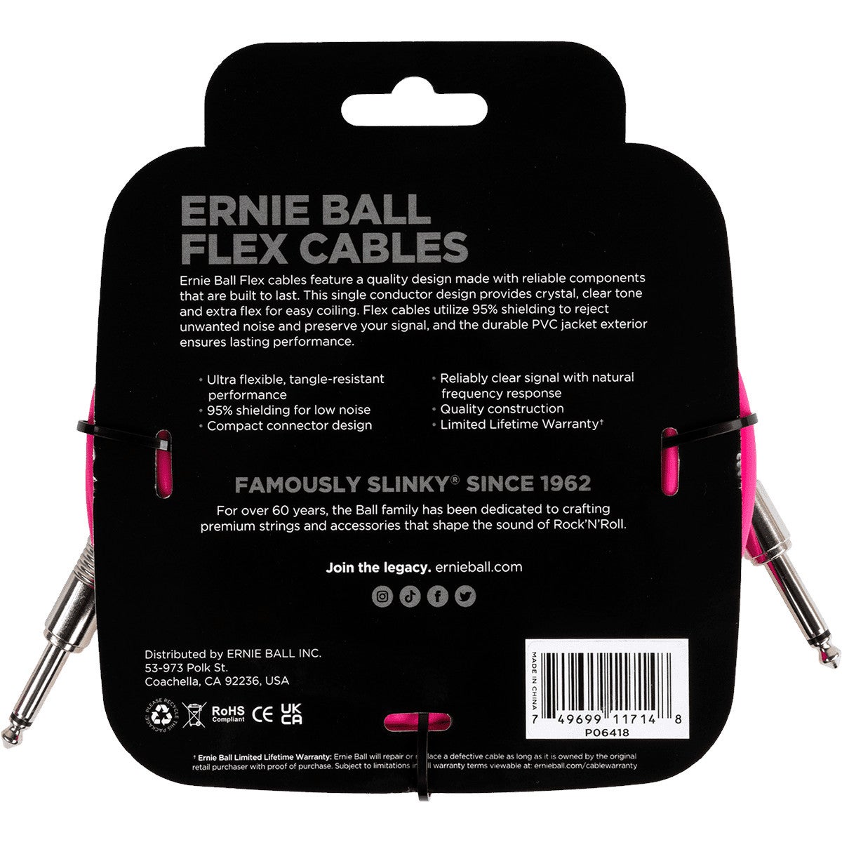 Ernie Ball 6418 Flex 6 meter instrumentkabel roze
