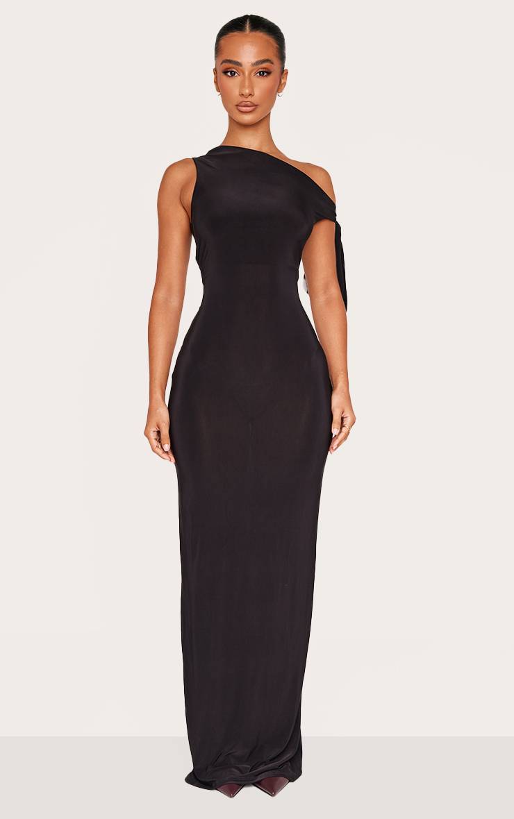 Noir Robe Longue En Jersey Slinky Avec Détail Noué Petite Taille