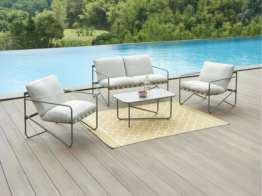 Salon de jardin en acier : un canapé 2 places, 2 fauteuils et une table basse - Gris - MILOPE de MYLIA