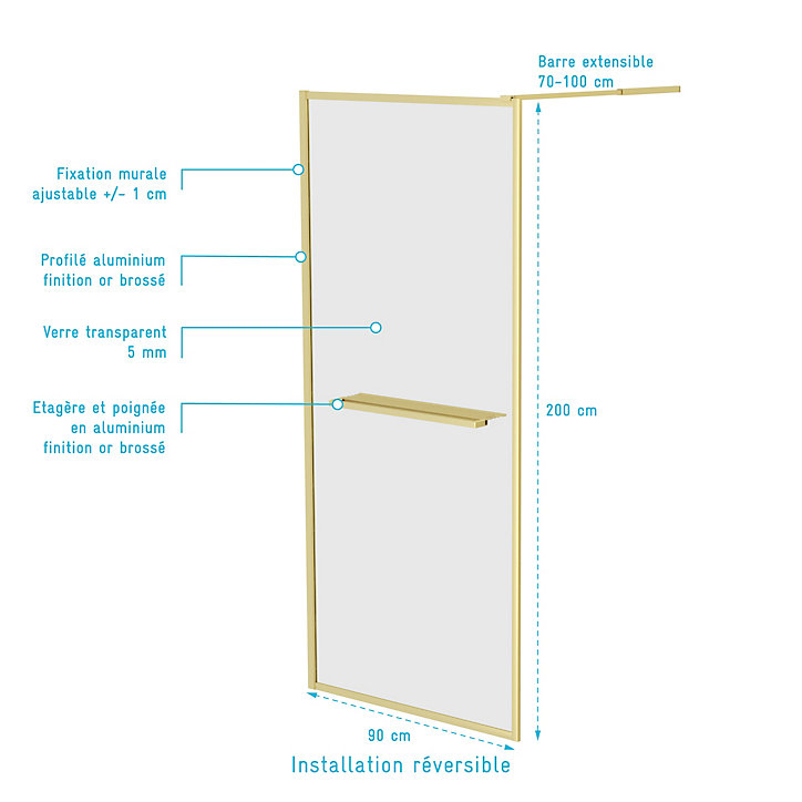 Paroi de douche à l'italienne fixe 90 x 200 cm, doré brossé, Galedo Golden Edge