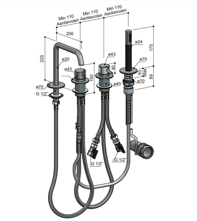 Hotbath Archie 2-wegs badrandcombinatie met uitloop gunmetal geborsteld PVD