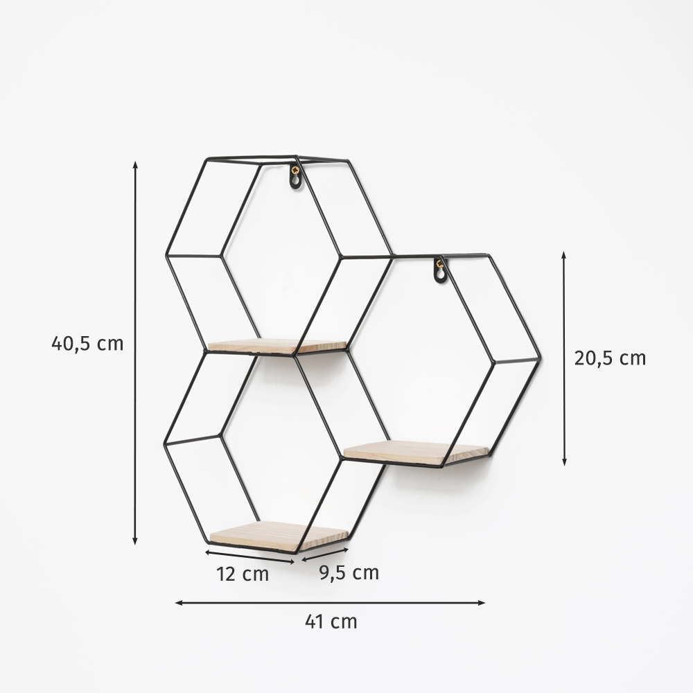 Etagère murale triple hexagonale en métal - 40,5x41 cm - noir