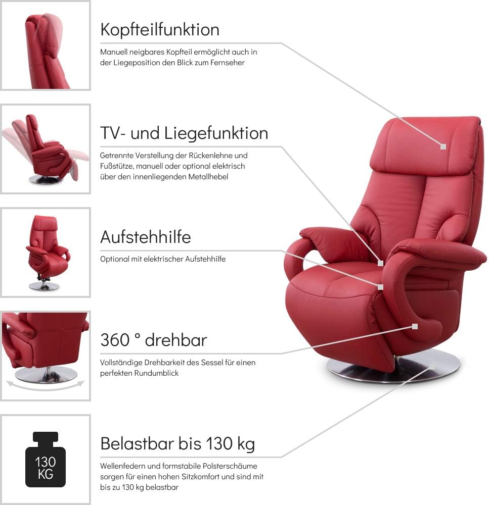 CAVADORE Ledersessel Istanbul / Fernsehsessel mit manuell verstellbarer Relaxfunktion / 80 x 115 x 79 / Echtleder: Rot