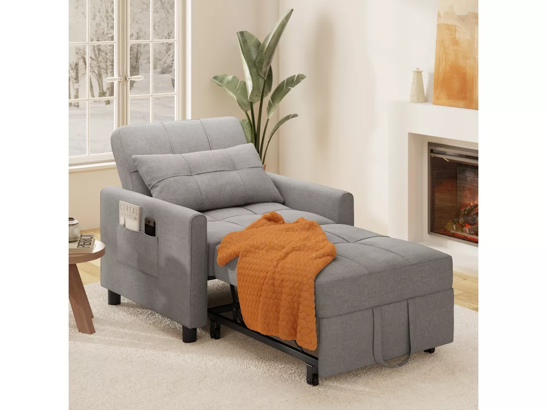Fauteuil Convertible Bealife Fauteuil Lit Canapé 1 Place Chaise Longue Coussin Réglable Rangement Roues Pliante AR21-G