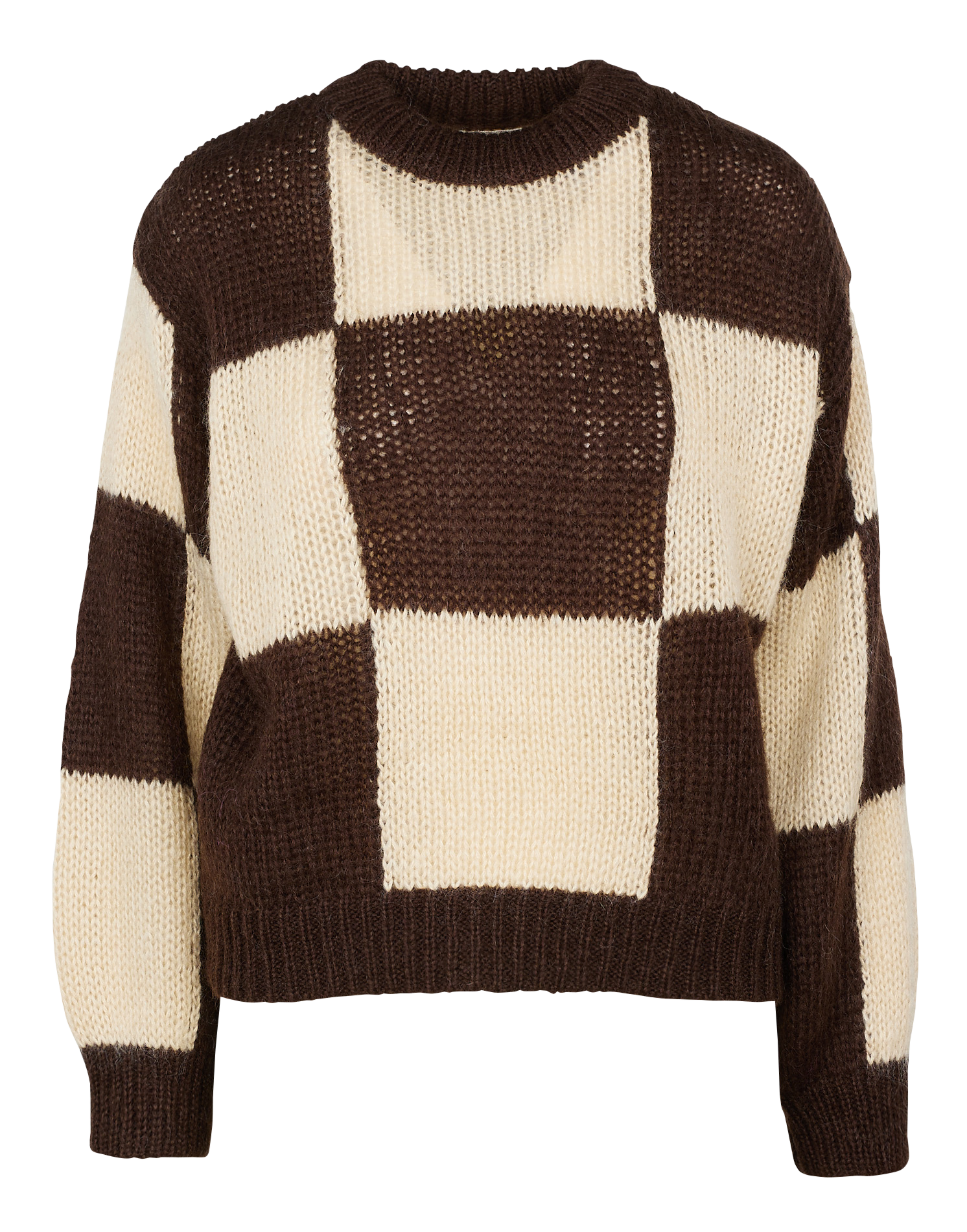 Pull col rond à carreaux en maille mélangée| Beige
