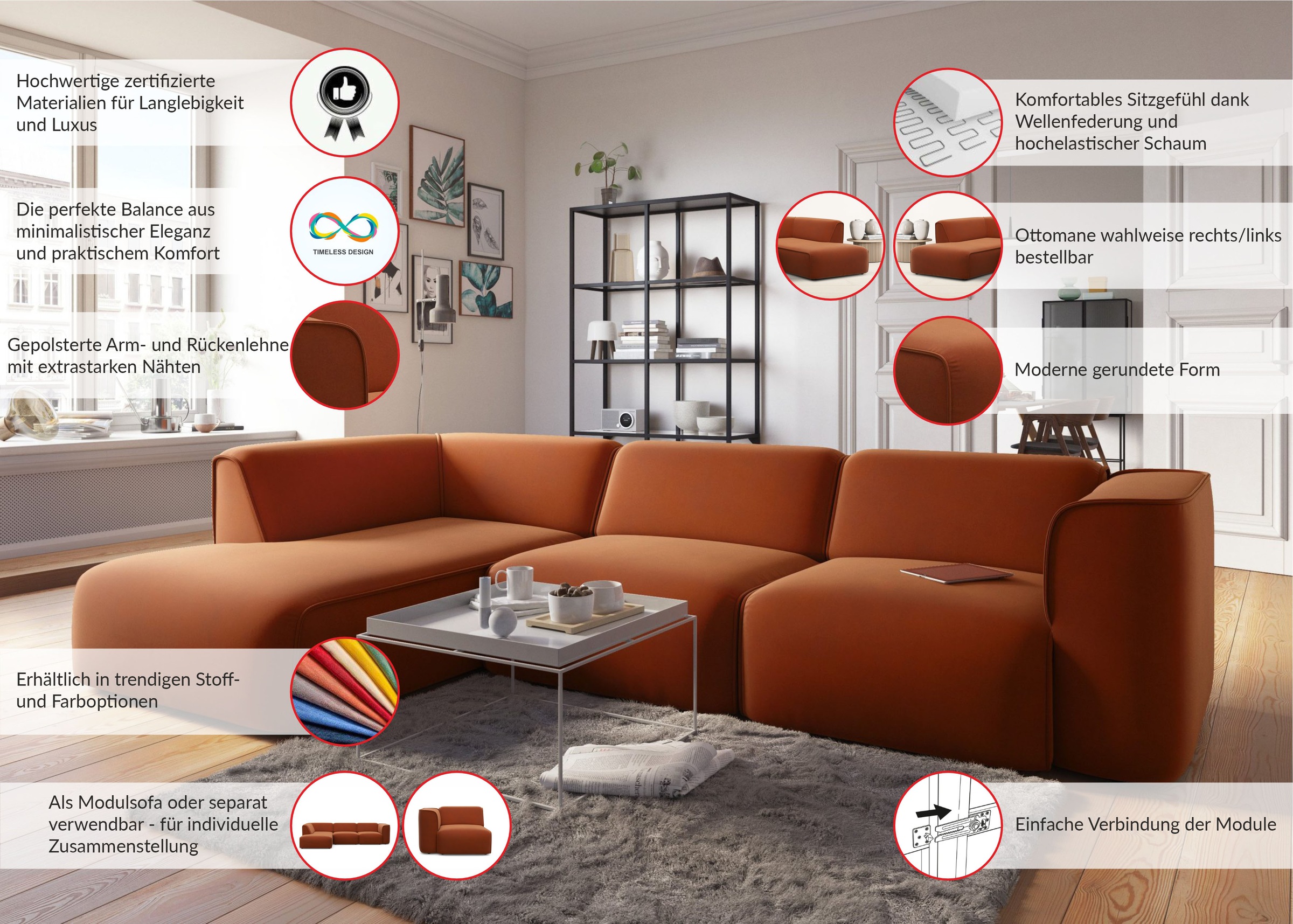 GOODproduct Ecksofa »Merid L-Form, jederzeit durch Module erweiterbar, B/T/H: 295/162/70 cm« als Modul oder separat verwendbar, für individuelle Zusammenstellung