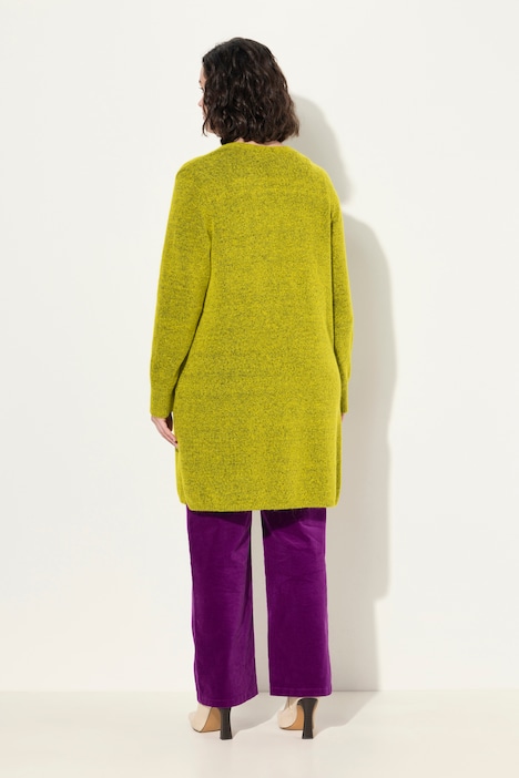 Long-Strickjacke, offene Form, V-Ausschnitt, Taschen