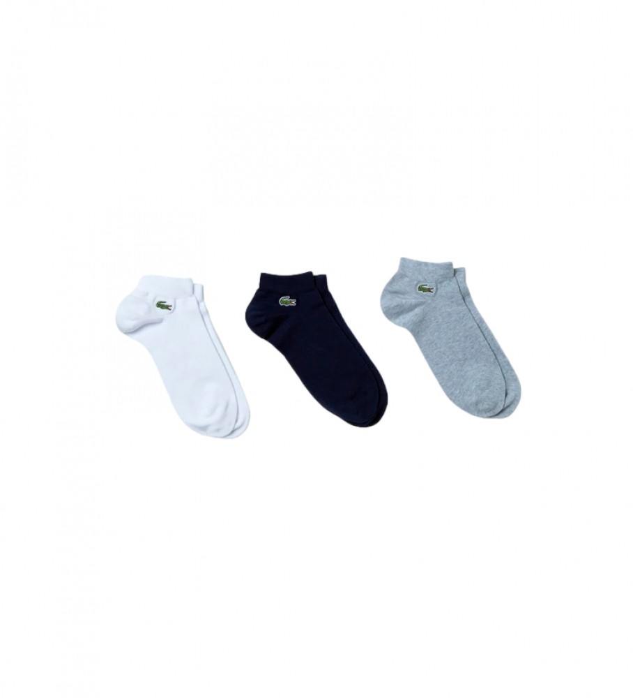 Pacote com 3 pares de meias esportivas cano baixo Lacoste (azul marinho, cinza, branco)