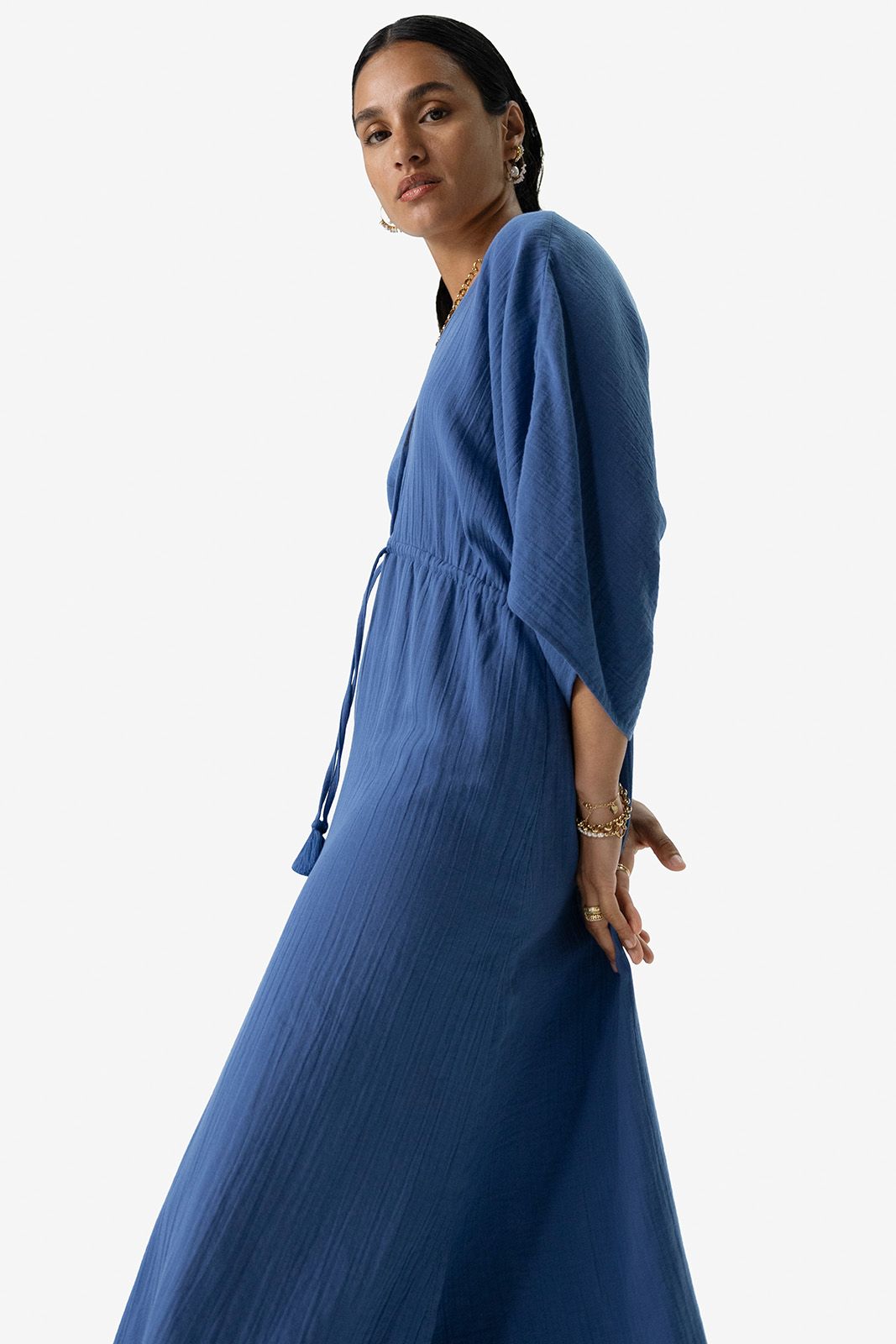 Blauwe maxi jurk met V-hals