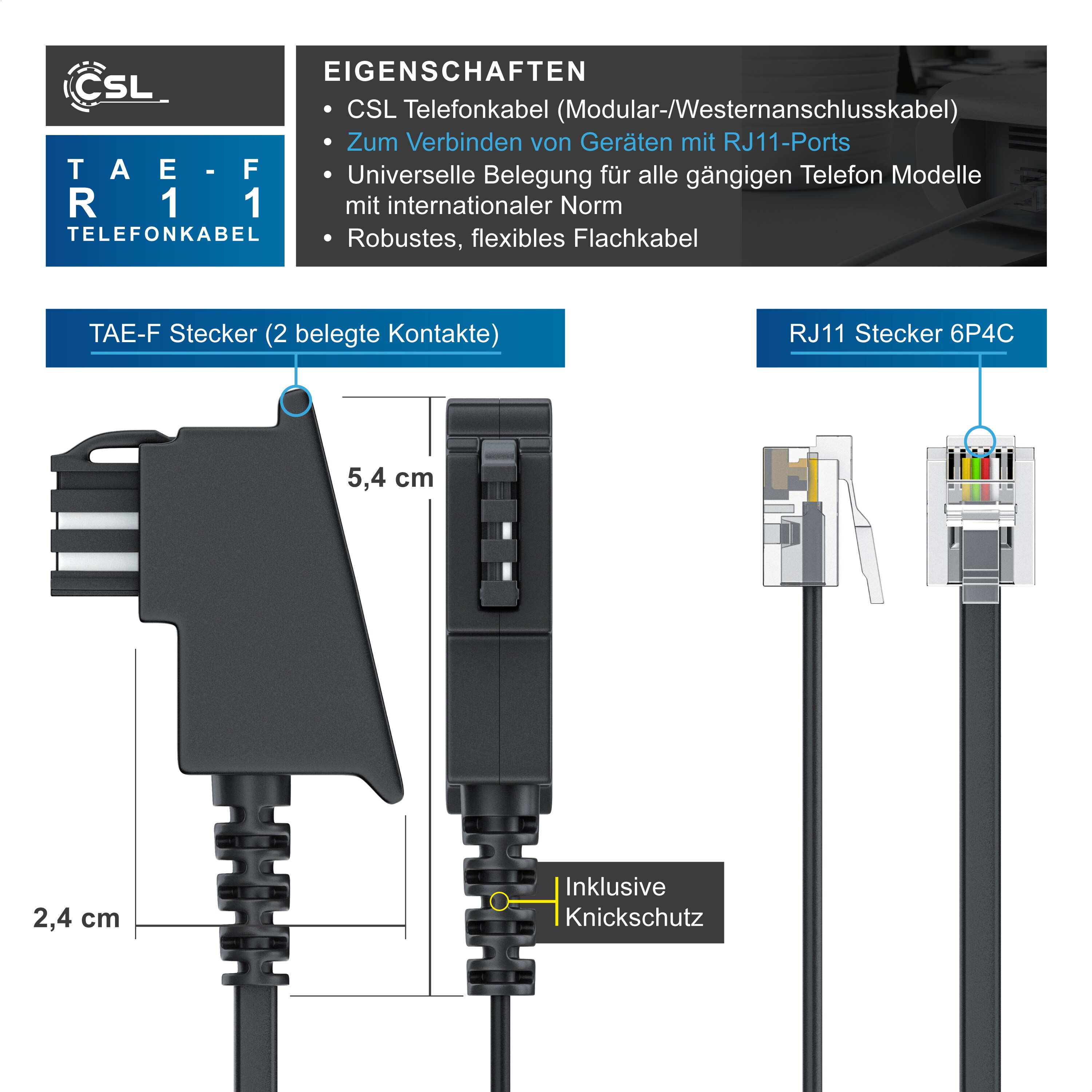 CSL - 1m Telefonkabel TAE-F Stecker auf RJ11 Stecker - Int. Norm 6P4C / 4-polig belegt - Flachkabel - TAE-F - schwarz
