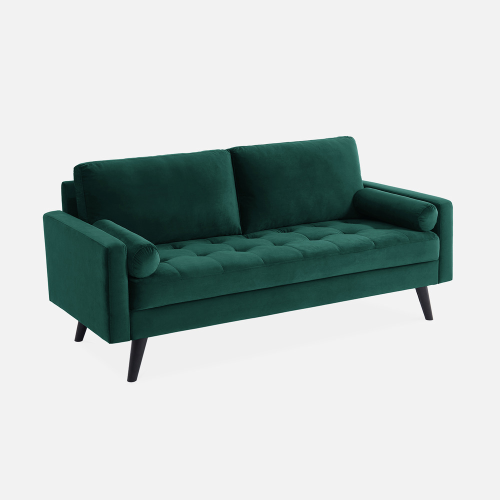 Canapé en velours vert anglais. 3 places scandinave fixe. Droit. Pieds bois noir