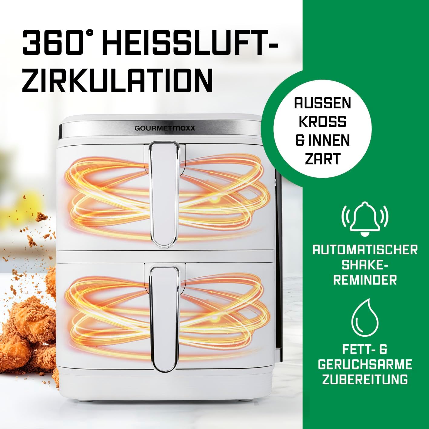 GOURMETmaxx FryUp Vertikale Doppelkammer Heißluftfritteuse | vertikaler Airfryer | klappbares Touchdisplay | 32% platzsparender | Fassungsvermögen 10L | Heißluftfritteuse 2 Kammern