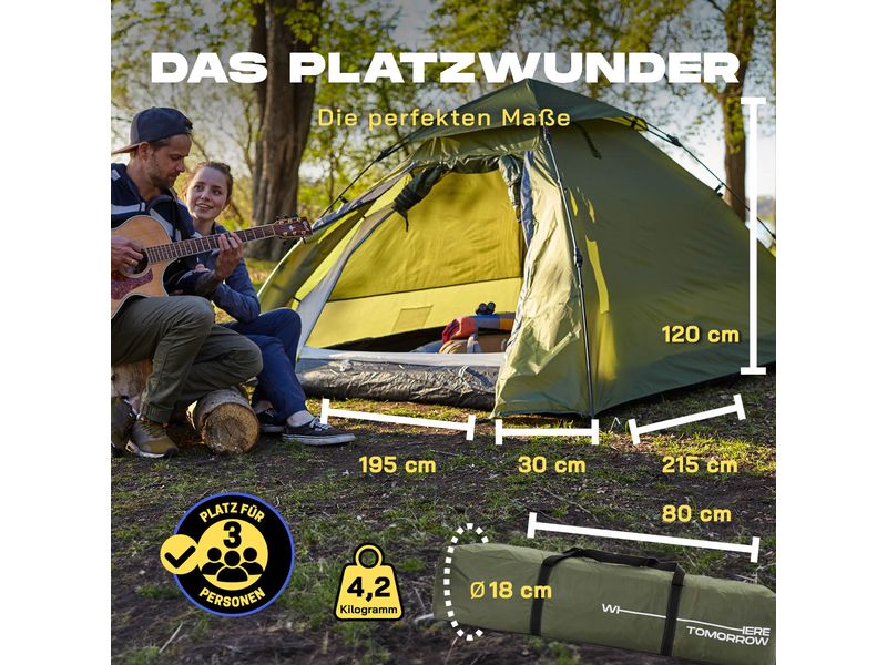 Where tomorrow Kuppelzelt 3 Personen - Grün Pop Up Zelt - 215 x 195 x 120 cm