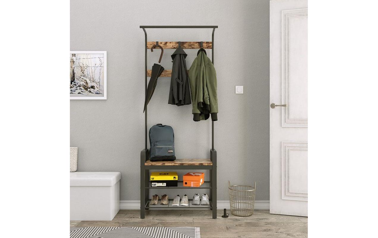 Garderobe mit Schuhablage 183 cm, Braun/SchwarzKleiderständer mit Sitzbank