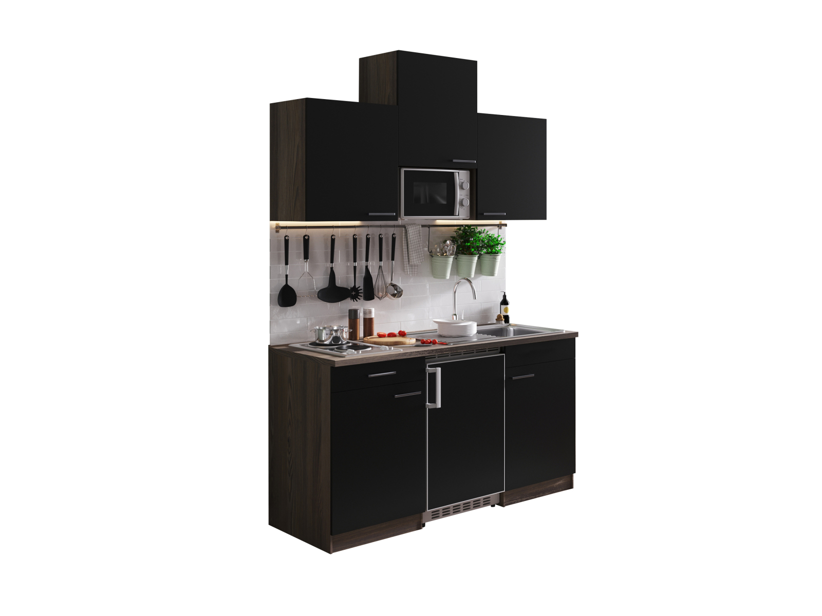 RESPEKTA Singleküche OLIVER - schwarz - Eiche York - mit E-Geräten - 150 cm