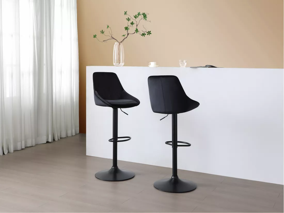 Tabouret de bar en velours et métal - Hauteur réglable - Noir - MASURIE