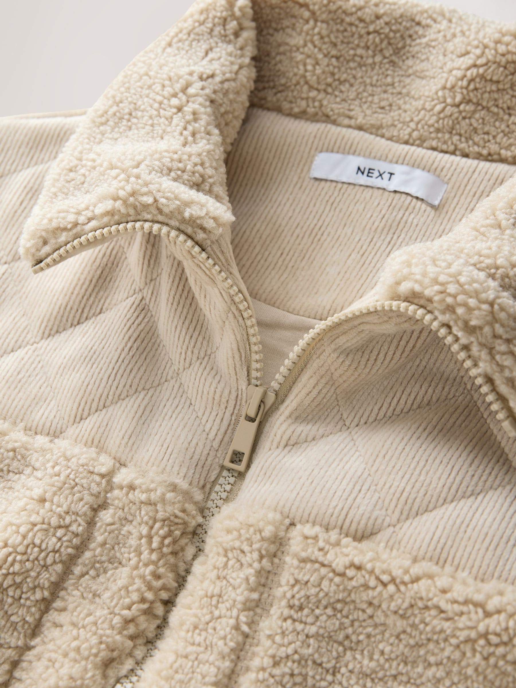 Ecru - Cord Borg Mix Zip Through Gilet
