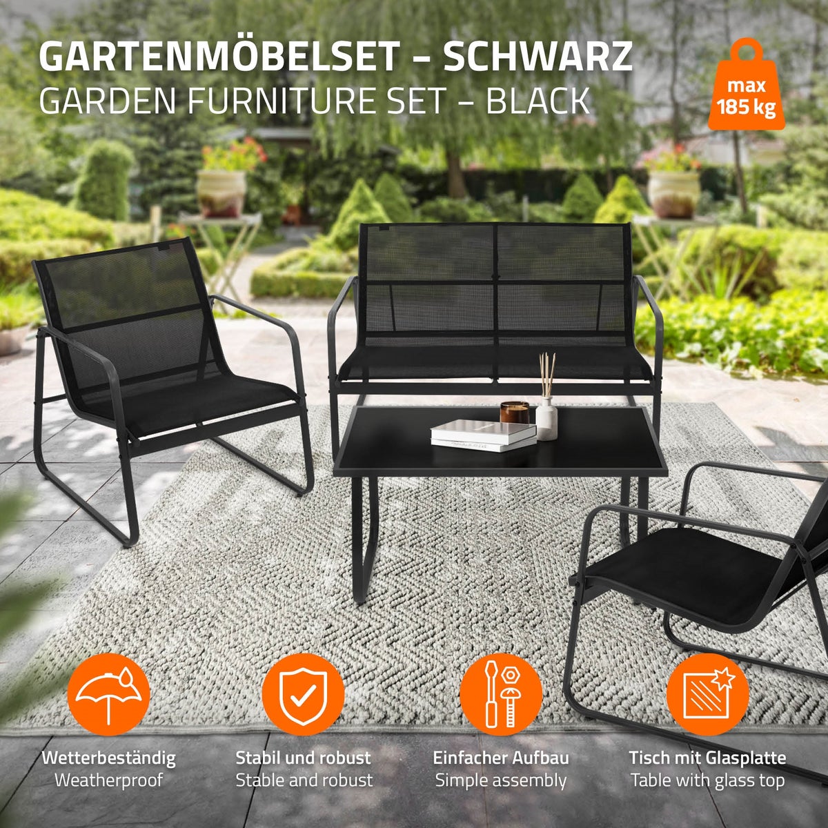 ML-Design 4-delige tuinmeubelset, zwart, balkonmeubel van staal & textileen voor 4 personen, tuinzitgroep met glazen tafel, bank en 2 fauteuils, weerbestendig, tuinmeubelset voor balkon, terras