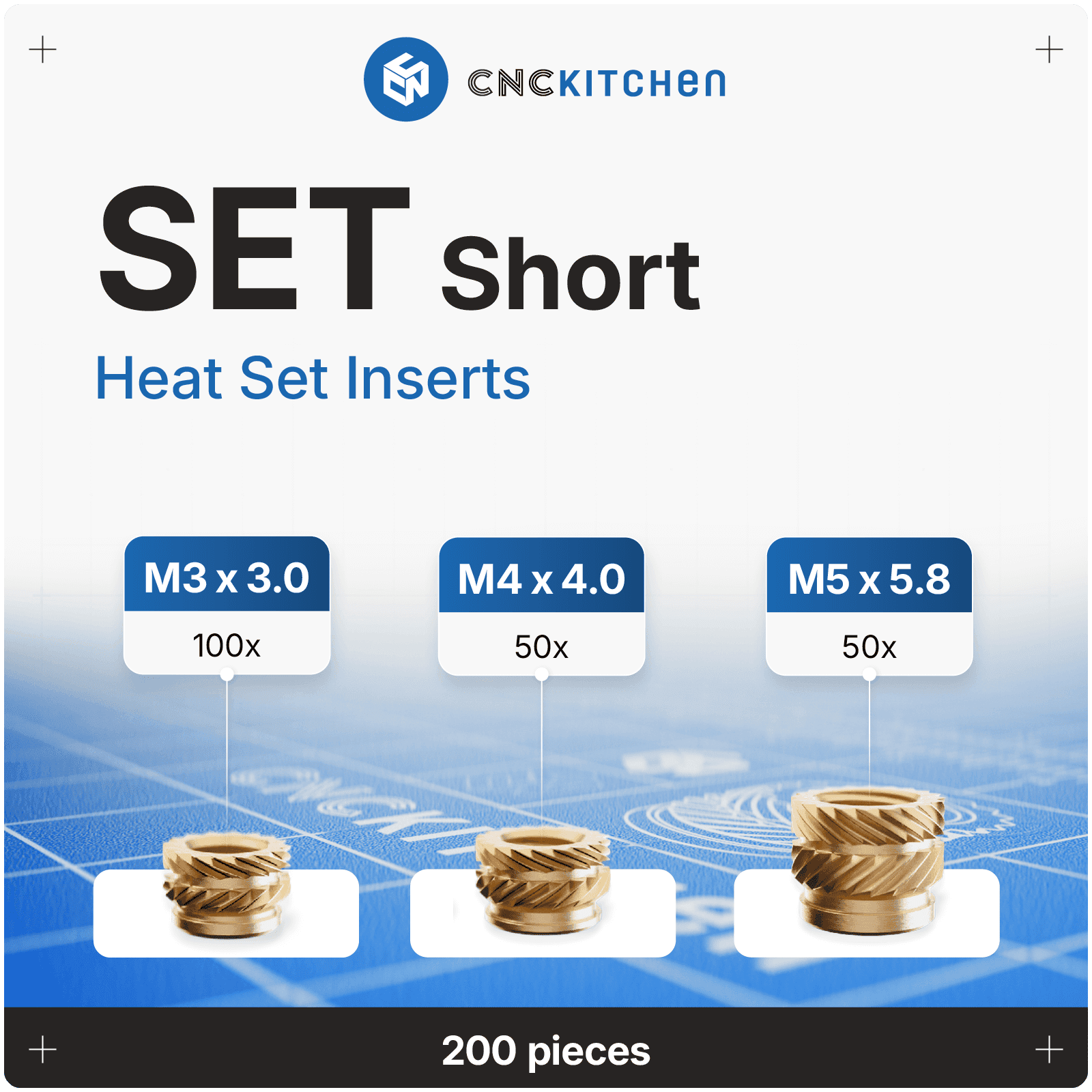 CNC Kitchen  Gewindeeinsatz Set Kurz    Präzisionsgefräste Inserts aus Messinglegierung