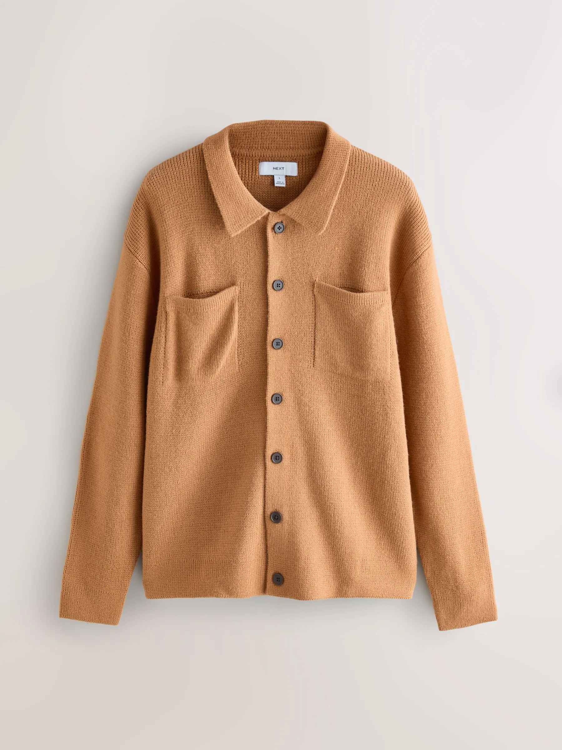 Okergeel - Regular Fit Twin Pocket Collared Cardigan with Wool