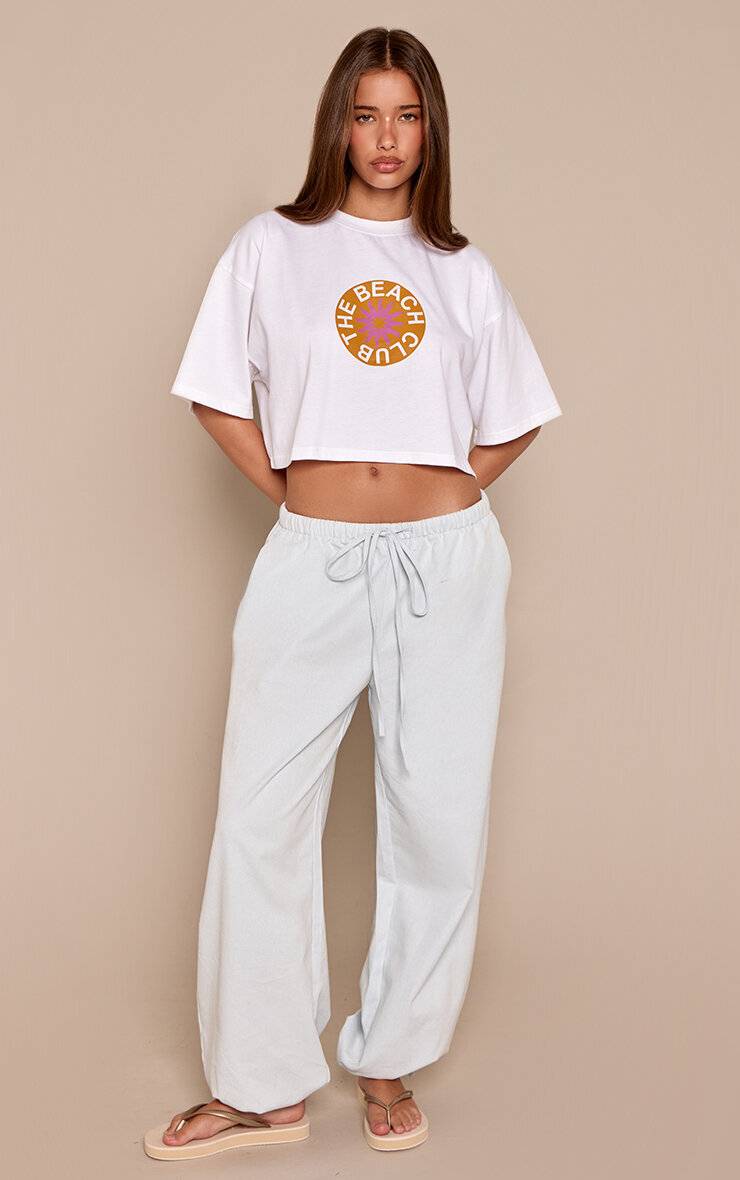 Blanc T-shirt Court Imprimé Beach Club En Coton