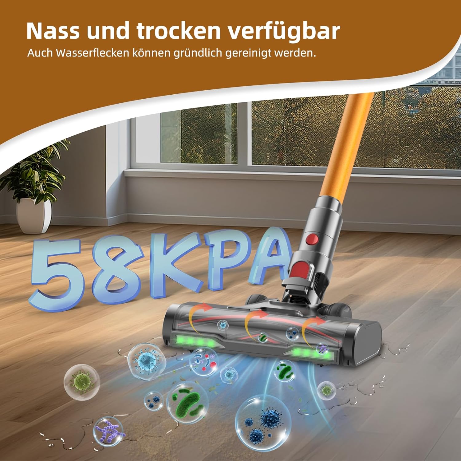 Akku Staubsauger, 58000Pa/550W/65Mins Staubsauger Kabellos mit LED Display und Anti Tangle Bürste, 1.8L Akkustaubsauger, Vacuum Cleaner für Tierhaare/Teppiche/Hartböden/Auto, Gold
