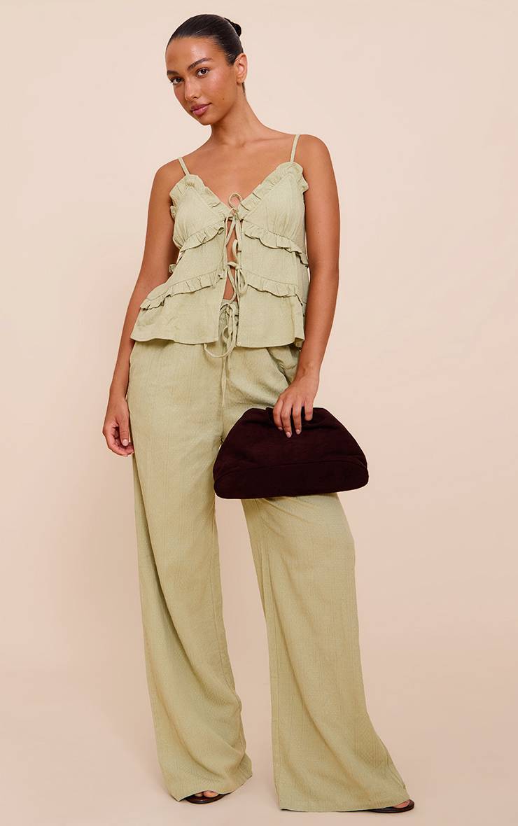 Sage Khaki Pantalon Large Taille Mi-haute Texturé