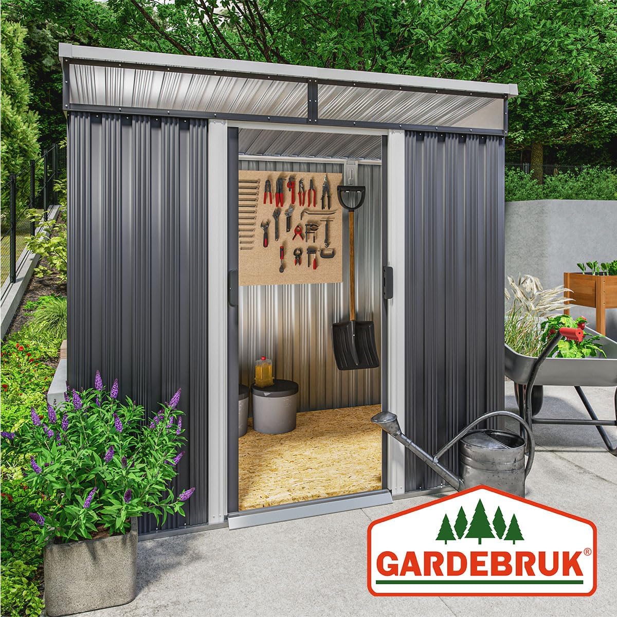 GARDEBRUK® L Metall Gerätehaus 2m² mit Fundament 200x125x180cm 2 Fenster Anthrazit Geräteschuppen Gartenhaus 4m³
