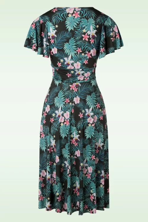 Vintage Chic for Topvintage Irene tropische gebloemde overslagswingjurk in zwart