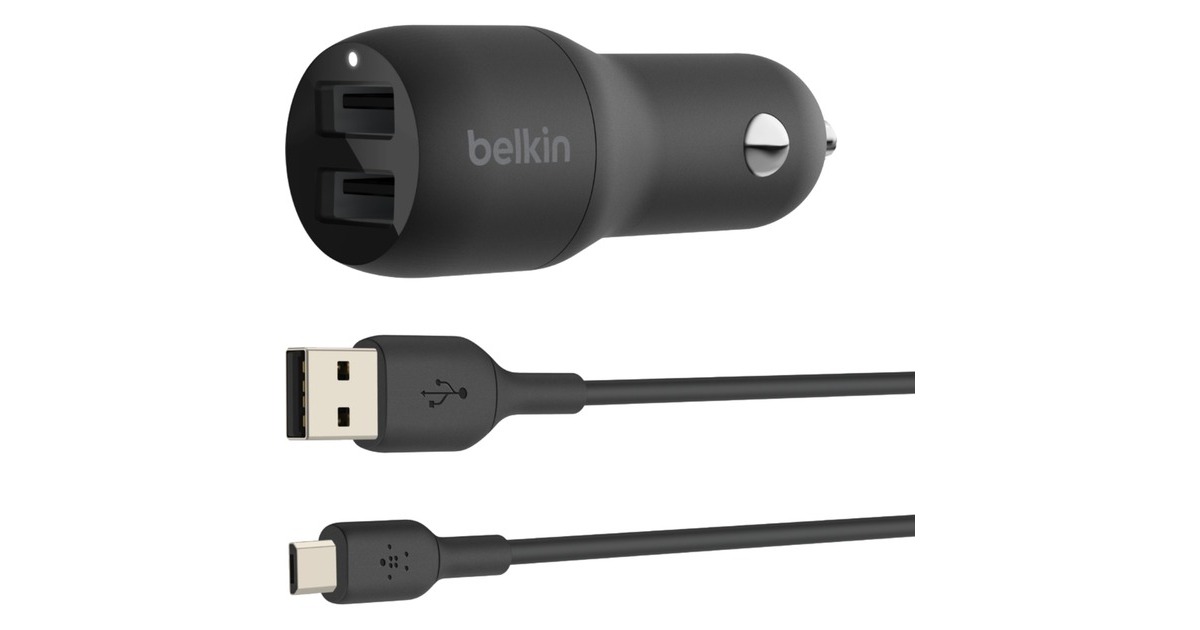 BelkinBoost Charge 2-poorts USB-A-autolader met USB-A naar Micro-USB kabel  (Zwart, 24W)