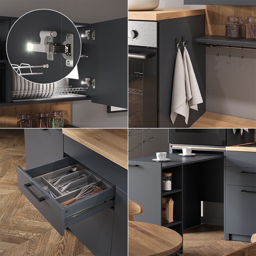 Vicco Singleküche Küchenzeile Egbert Anthrazit Eiche 160 cm modern ausziehbarer Tisch