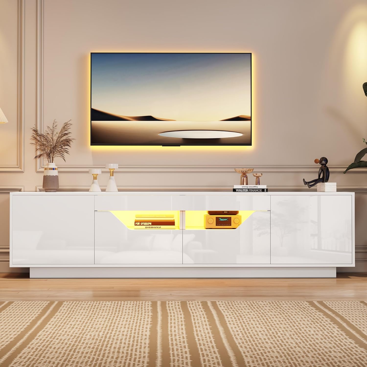 Merax TV-Schrank mit LED-Licht, Fernsehtisch Hochglanz, Modern TV Lowboard Board Schrank mit 2 Türen, 2 Schubladen, Offene Fächer, TV-ständer für Fernseher bis zu 75 Zoll, für Wohnzimmer, 180cm, Weiß