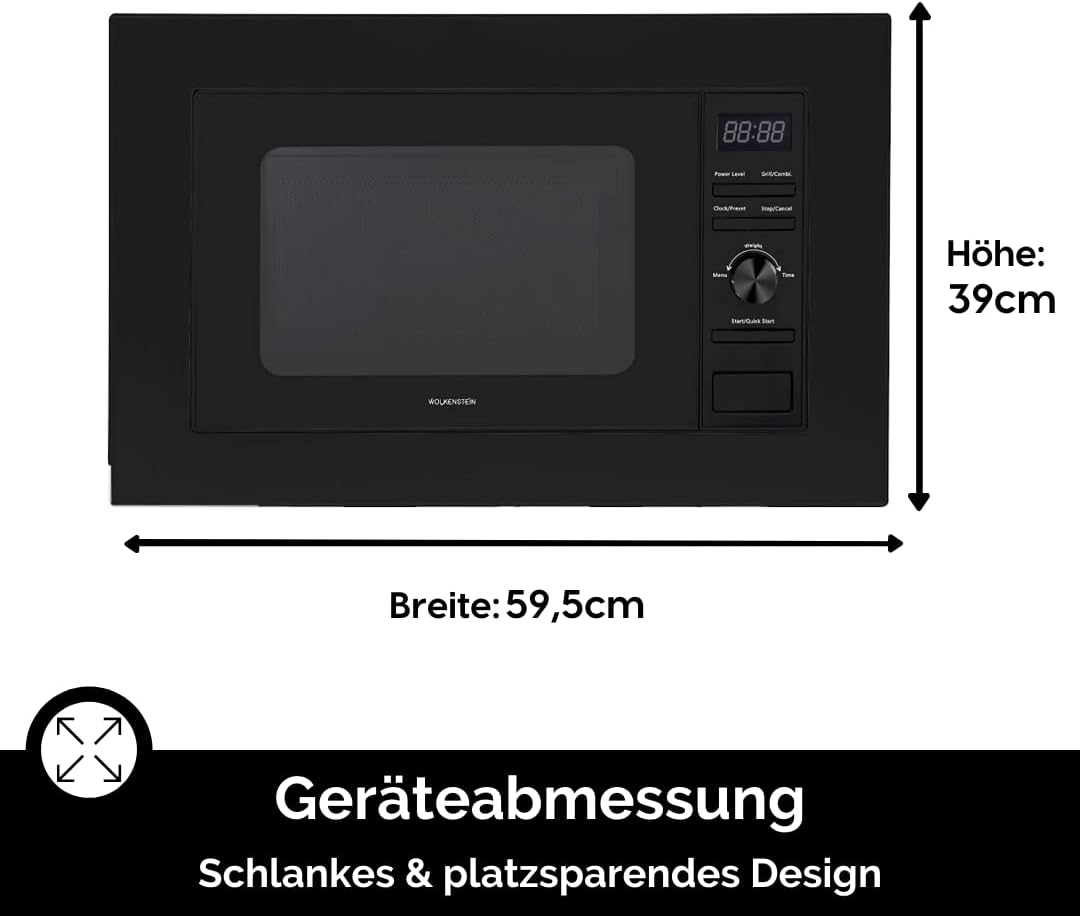WOLKENSTEIN WMW800-20GB I 800W Mikrowellenleistung I 20L Garraum I 6 Leistungsstufen I 9 Garprogramme IAuftaufunktion I Metall-Gehäuse I Drehteller (24,5cm) I LED-Display I Kindersicherung I Schwarz