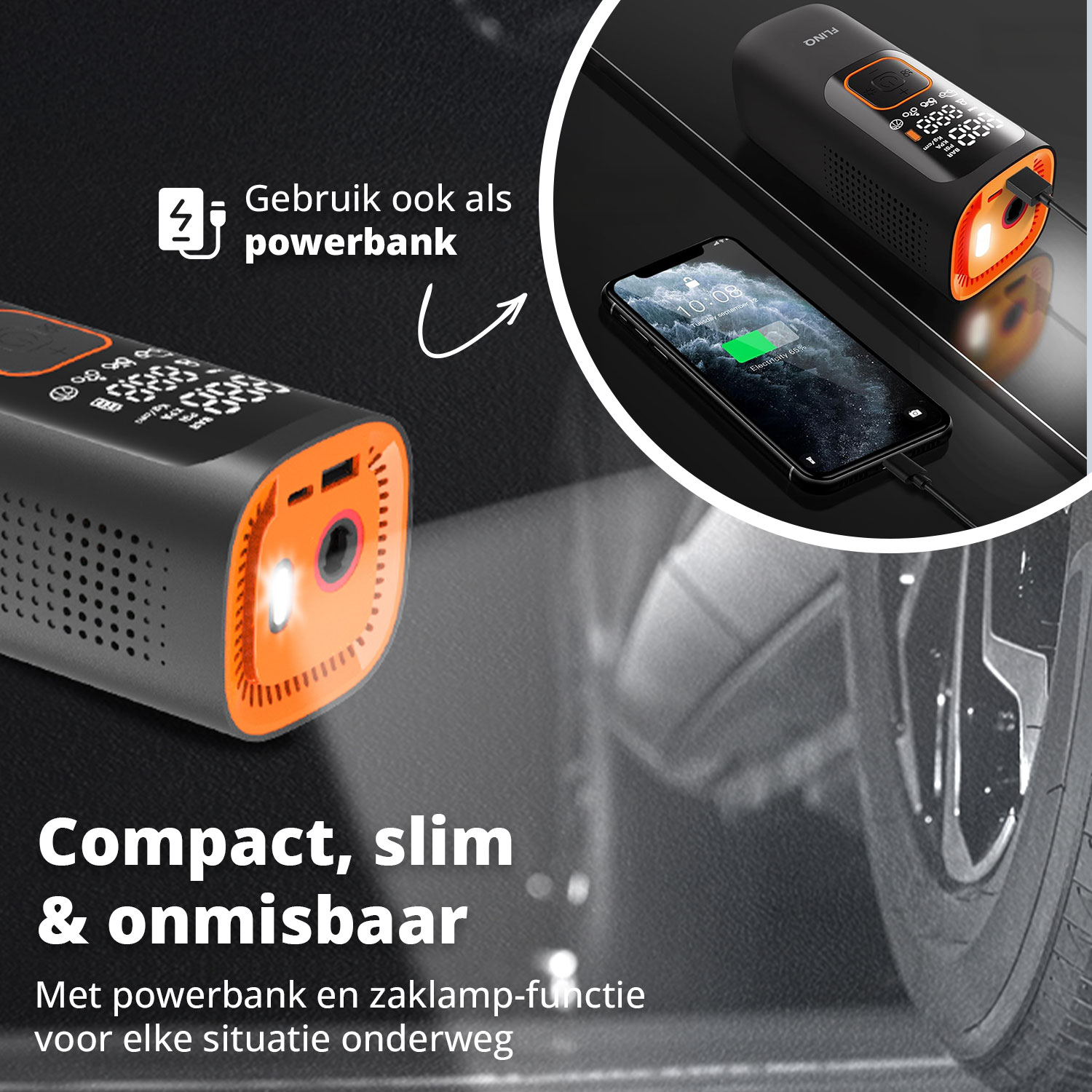 FlinQ draagbare luchtcompressor - Black/Orange