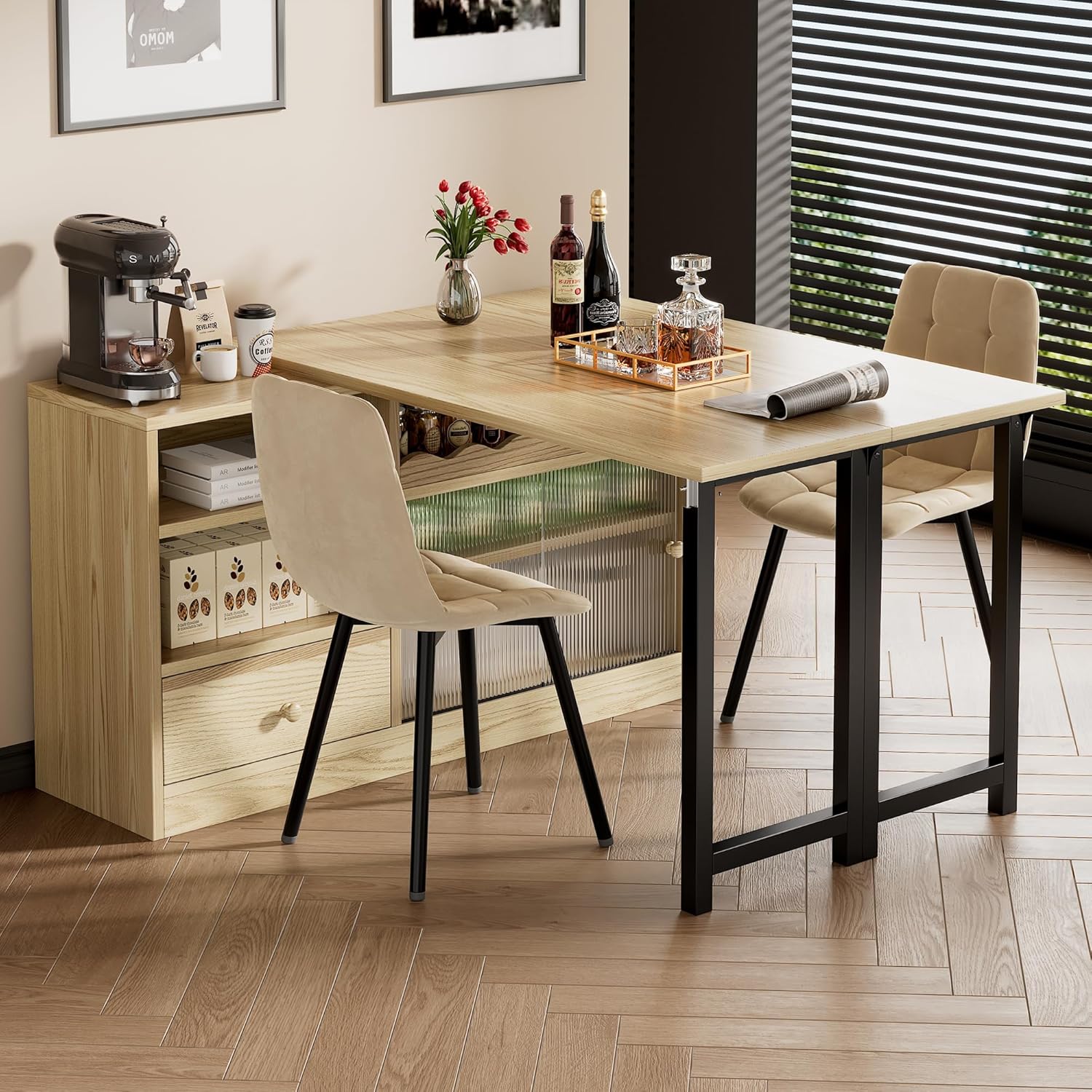 Merax Ausziehbarer Bartisch mit Stauraum, Bartheke mit klappbarem Esstisch, Beistelltisch Stehtisch Bistrotisch Küchentheke Küchenbartisch, eiche/120-200 x 80 x 75 cm GD2770566