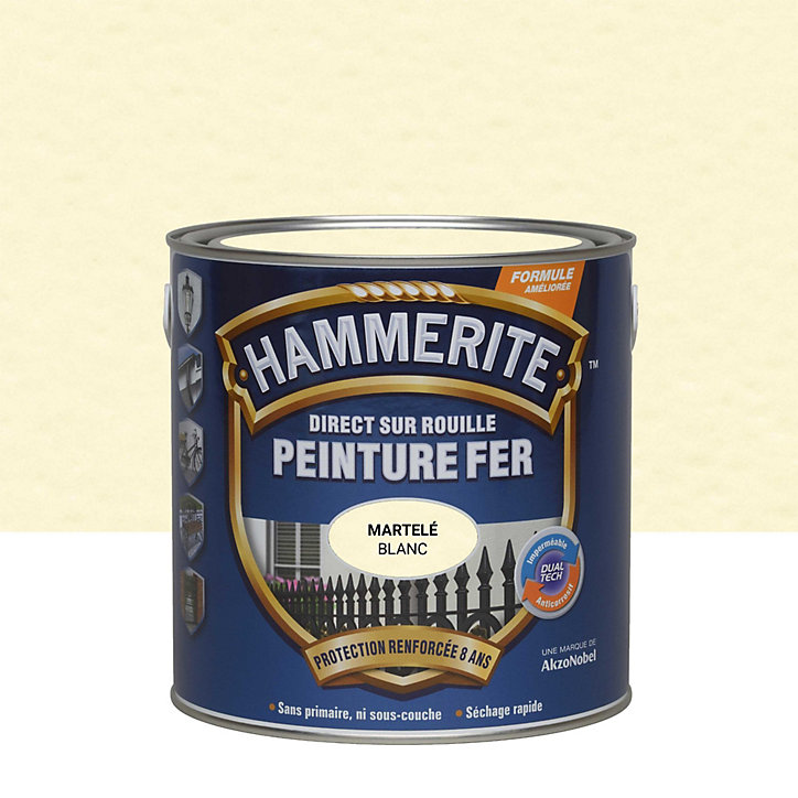 Peinture métal direct sur rouille Hammerite martelé blanc brume 250ml