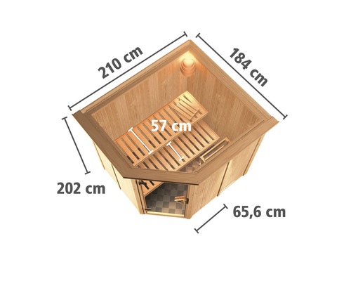 Plug & Play Sauna Karibu Achat VII zonder kachel, met dakrand en volledig glazen deur van helder glas