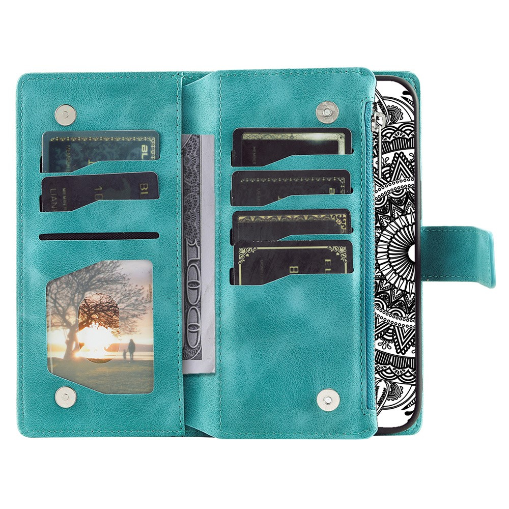 Samsung Galaxy A55 Leder Tasche Flip Cover mit Reissverschluss - Mandala Flowers Imprint - Türkis
