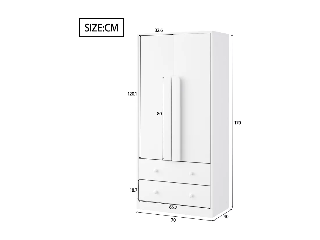 Armoire avec 2 portes et 2 tiroirs - 70 x 40 x 170 cm - Pin + contreplaqué + MDF - Blanc