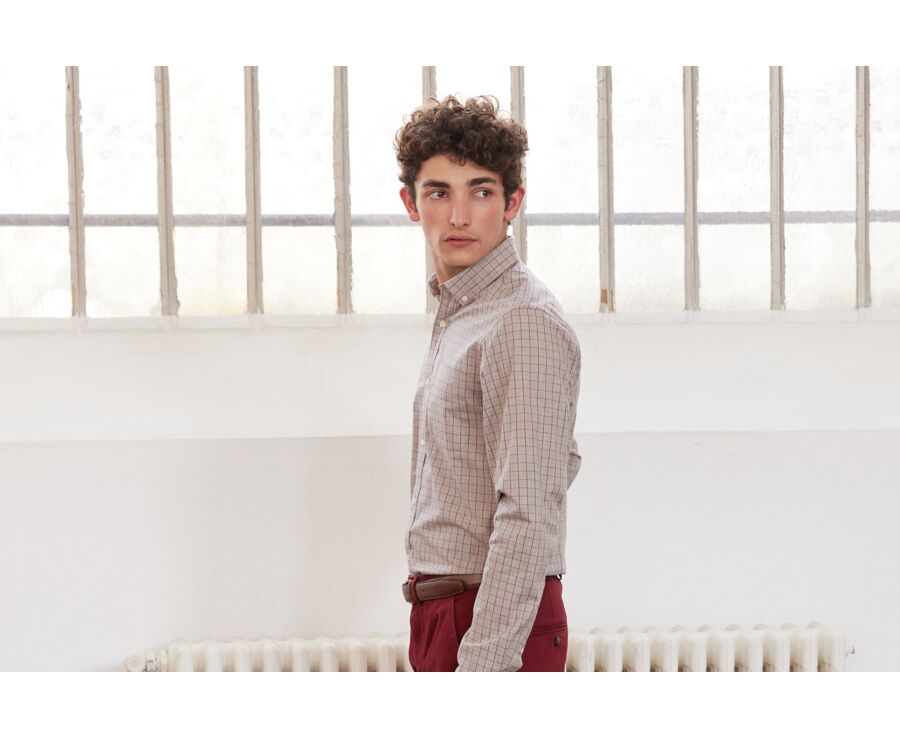 Chemise flanelle Rouge Camel et Beige - Poche poitrine - BERTON