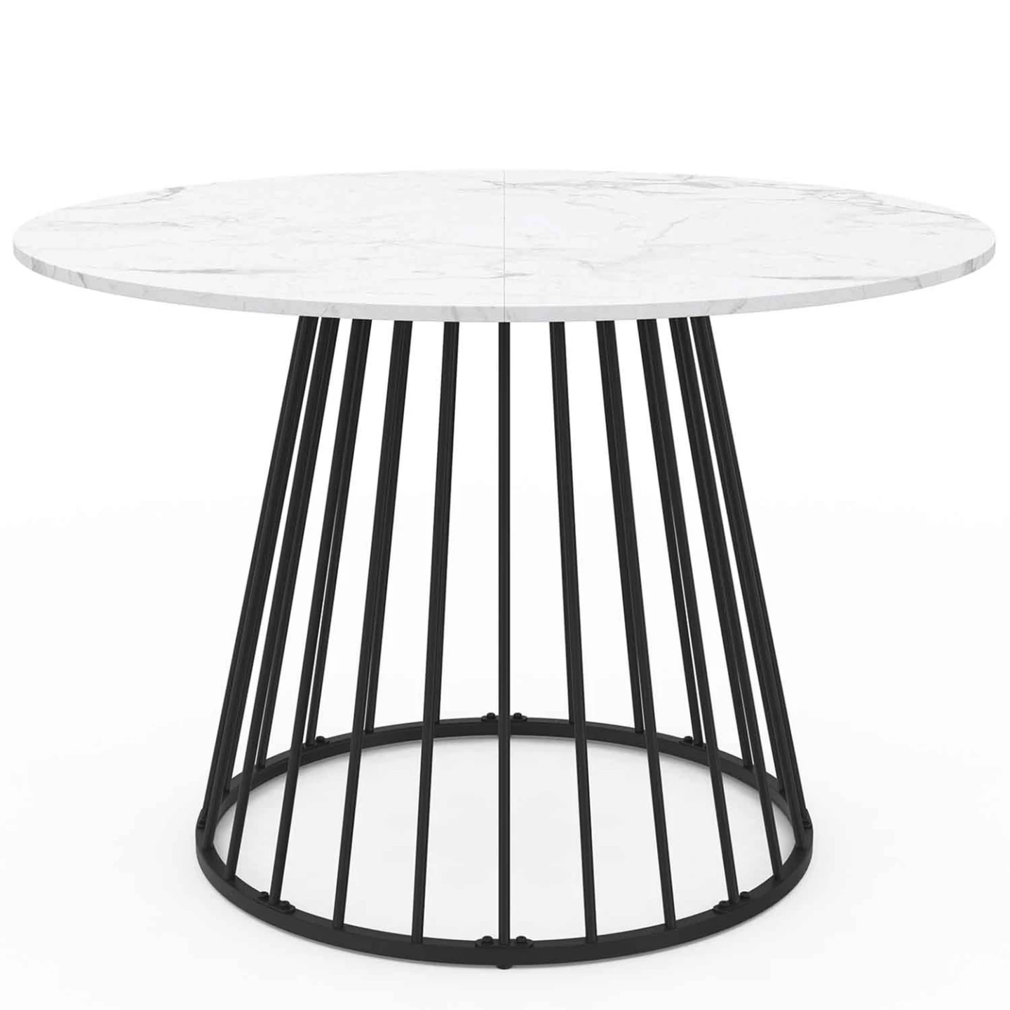 Table à manger ronde YUNA 6 personnes pied filaire en métal noir et plateau effet marbre blanc ALASKA 110 cm