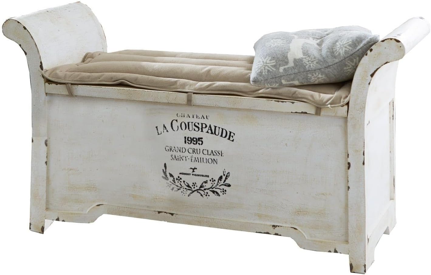 LOBERON Bank Andance Antikweiß - Sitzbank mit Verstecktem Stauraum im Shabby-Chic - aus Massivem Mangoholz - mit Canvas-Kissen - 63cm x 120cm x 42cm