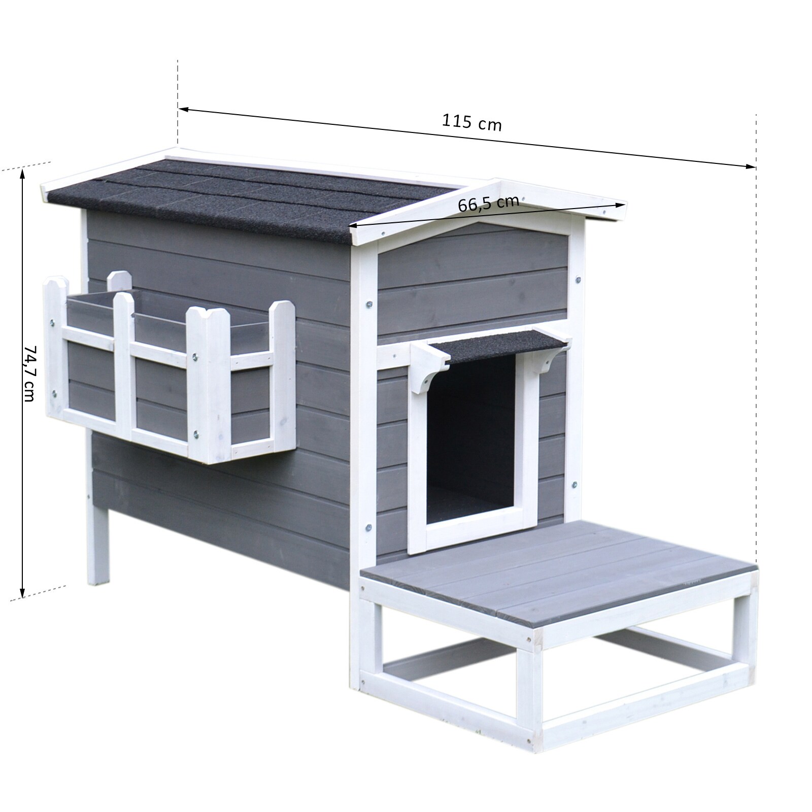 PawHut Katzenhaus mit Terrasse und Balkon grau, weiß 115 x 66,5 x 74,7 cm (LxBxH)