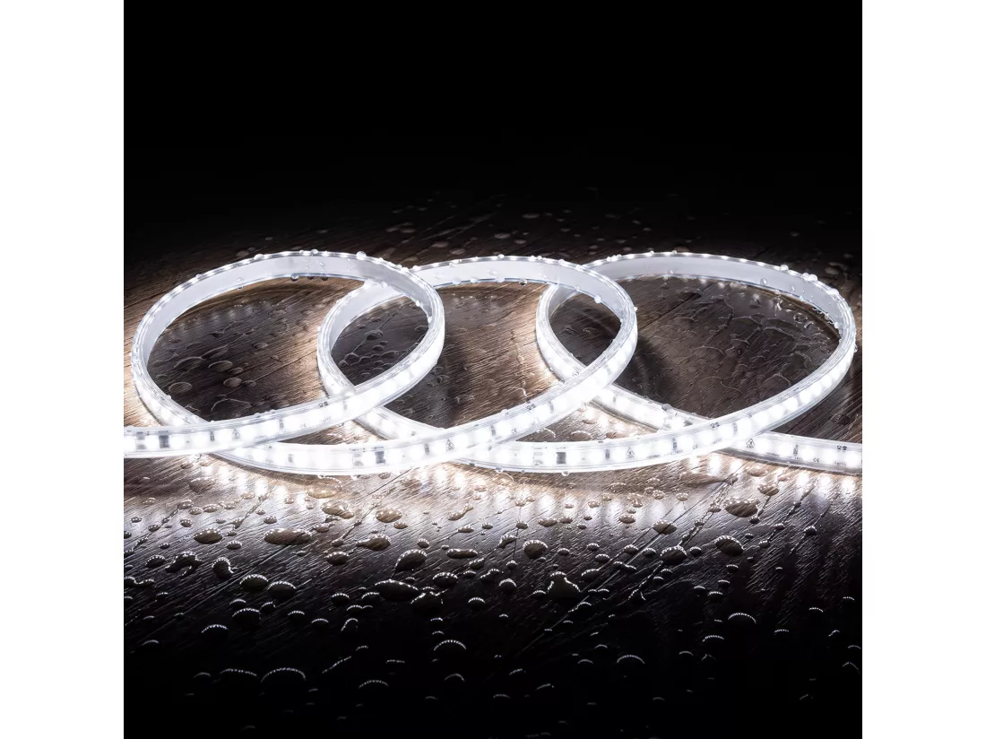 Ruban LED Dimmable Auto-redressement 220V SMD2835 120LED/m 1000 lm/m IP65 Largeur 12mm sur mesure Coupe tous les 10cm 6000K Blanc froid 20 m
