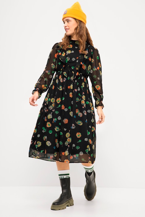 Midikleid, A-Line, Flowerprint, Rüschen-Stehkragen, Langarm