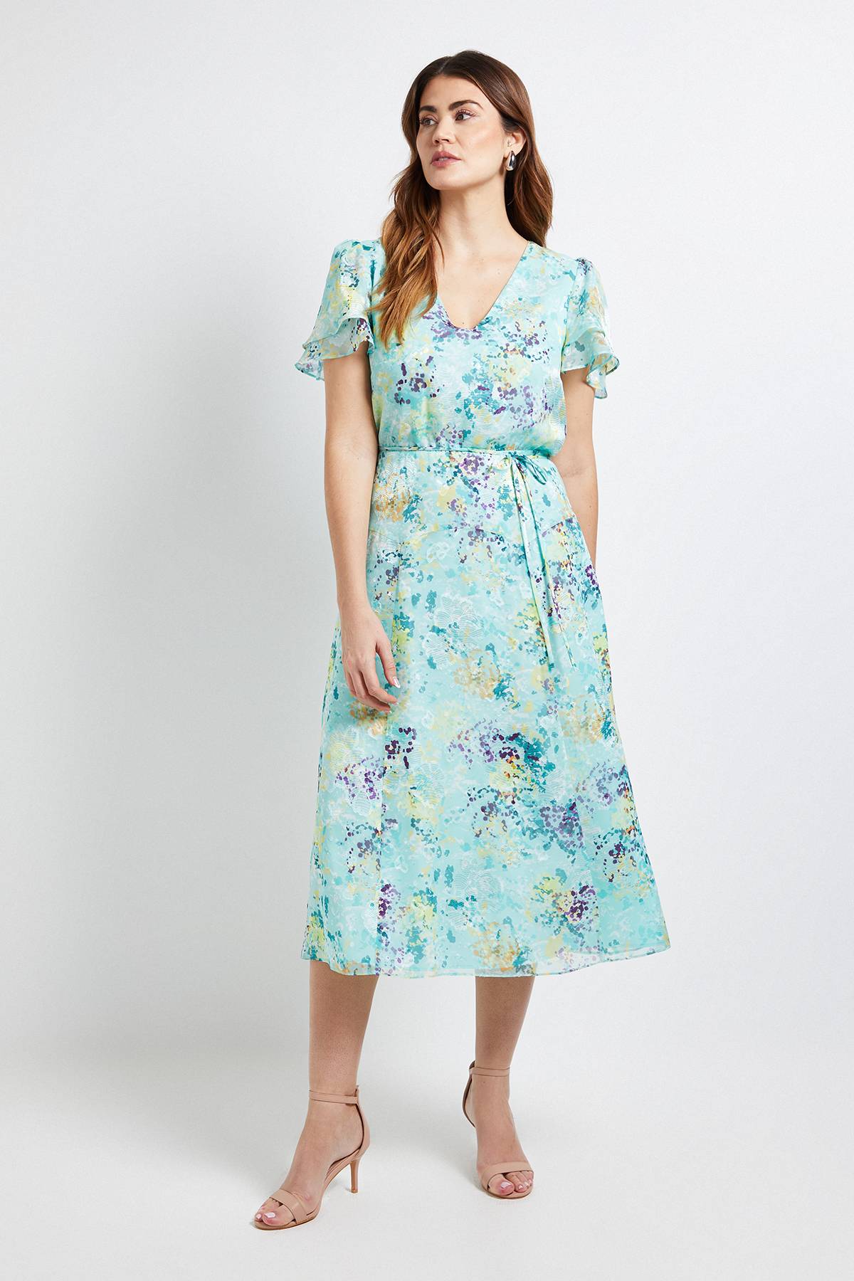 Wallis Robe Midi À Fleurs Dévorées Avec Manches À Volants