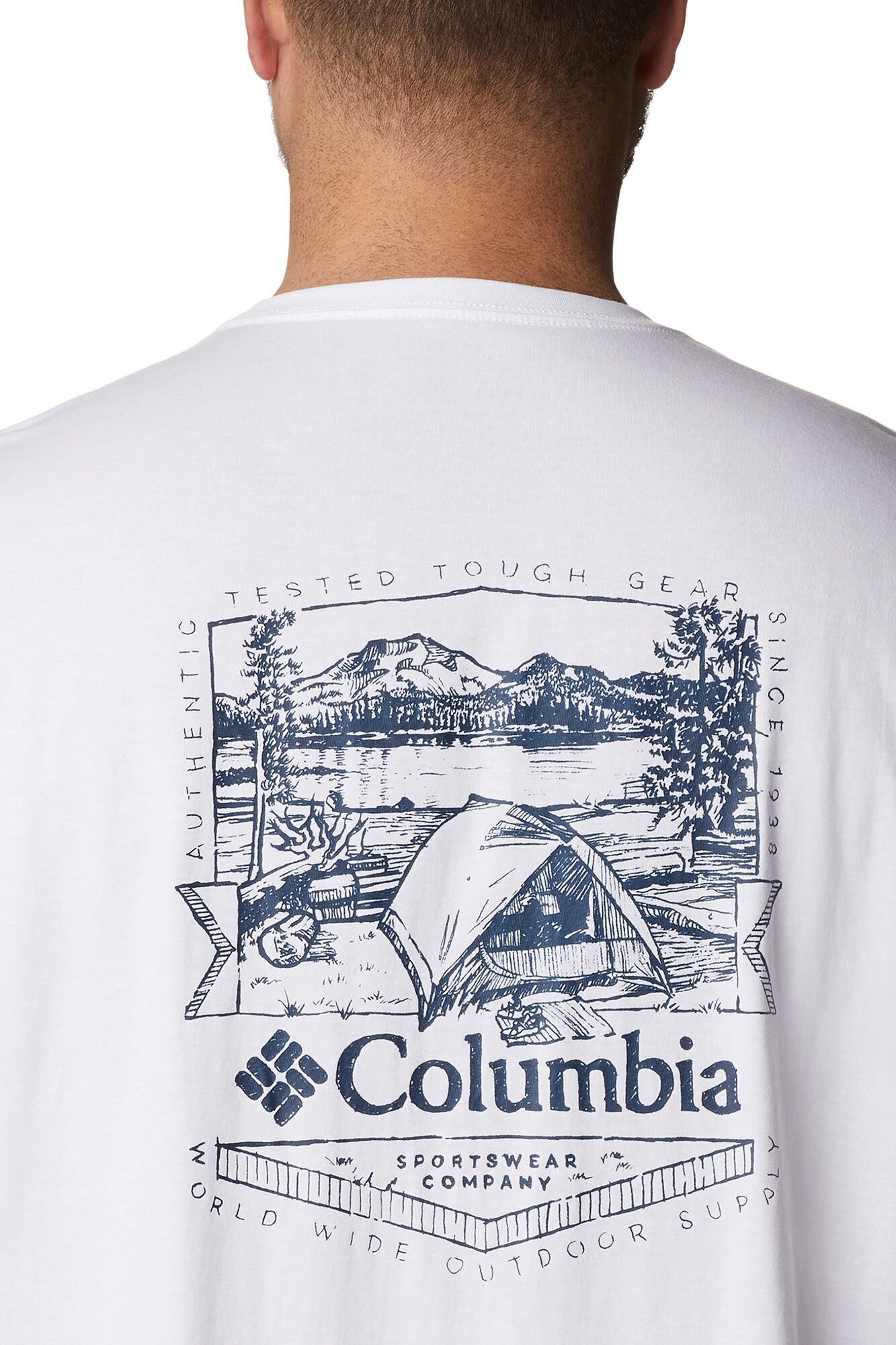 Camiseta masculina de manga curta Columbia Rockaway River™ com estampa nas costas - Estampa em fundo branco