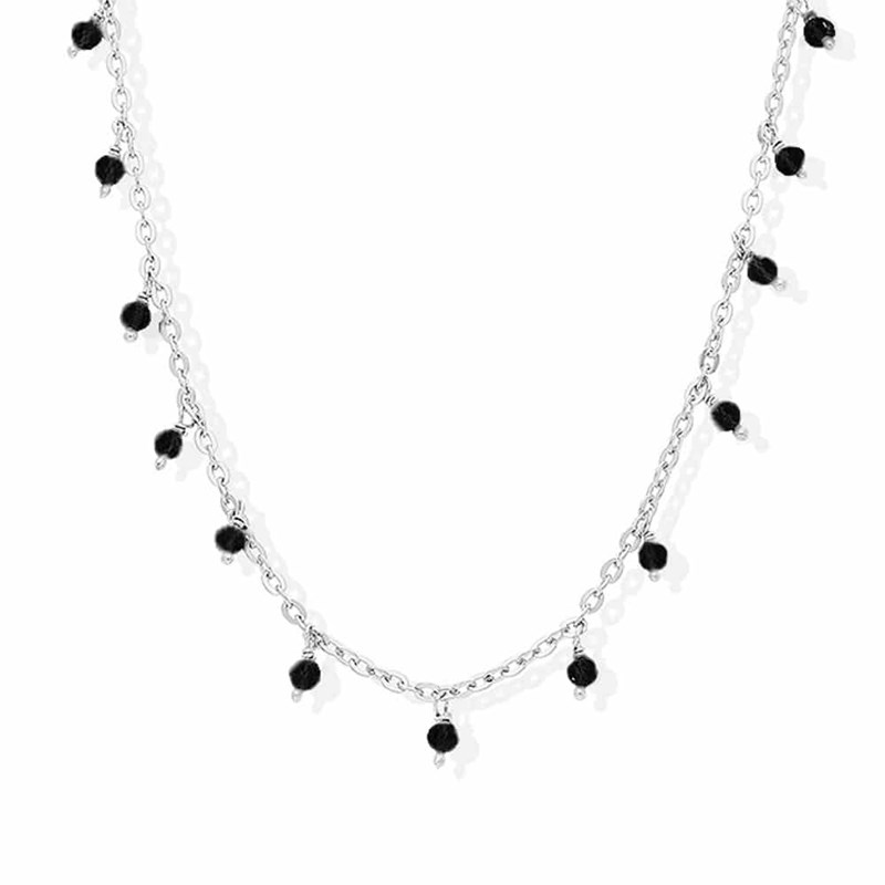 Collier Argent Petites Gouttes Perles Spinelle Noire